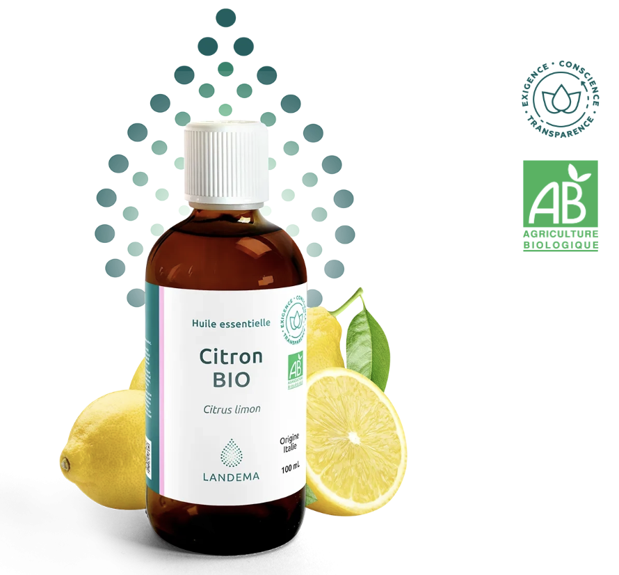 "Flacon huile essentielle Citron BIO Landema aromatisation alimentaire fraîcheur acidulée préparations culinaires"