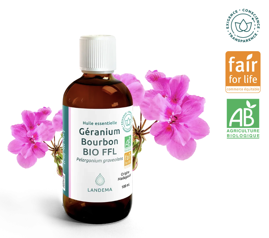 "Flacon huile essentielle Géranium rosat BIO Landema propriétés régénérantes tonifiantes élasticité cutanée cosmétique"