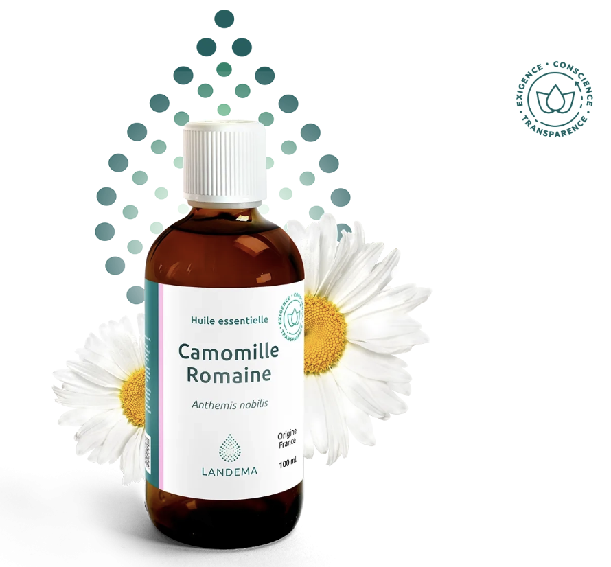 "Flacon huile essentielle Camomille romaine Landema propriétés calmantes anti-inflammatoires gestion stress anxiété mammifères"